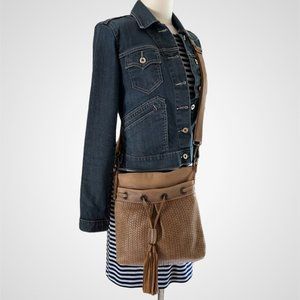 Roots Canada French Tassel Tribe Brown Embossed Woven Crossbody Bag